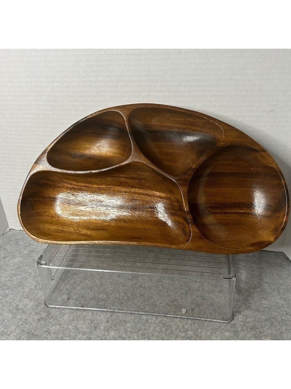 Vintage Monkeypod Wood Trinket Dish 4 Sections No Flaws 13.5x7x1.5”
